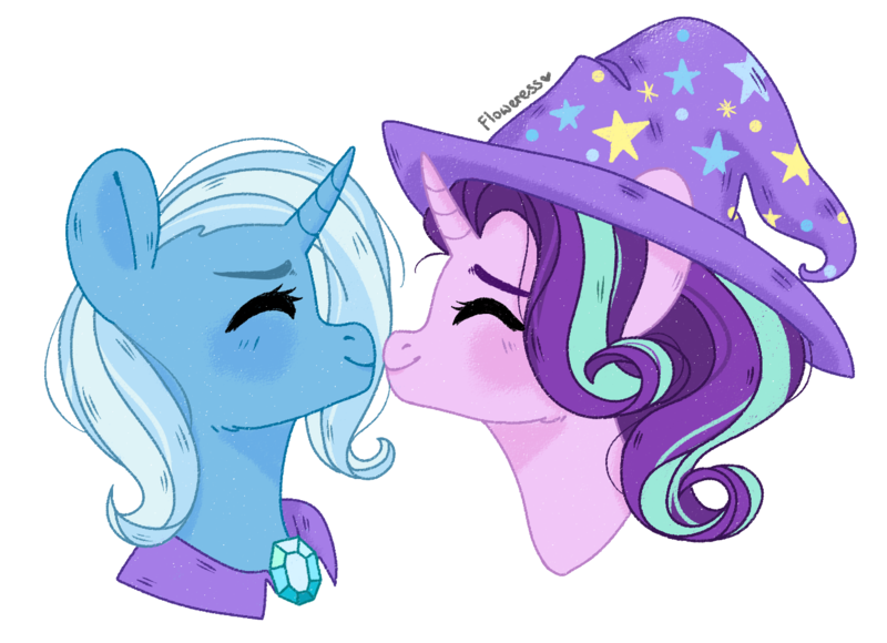 Size: 1380x1000 | Tagged: safe, artist:fioweress, derpibooru import, starlight glimmer, trixie, pony, unicorn, clothes, cute, diatrixes, female, glimmerbetes, hat, lesbian, shipping, simple background, startrix, transparent background, trixie's hat