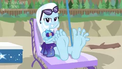 Size: 3999x2249 | Tagged: suggestive, artist:metalhead97, derpibooru import, trixie, equestria girls, equestria girls series, forgotten friendship, barefoot, beach, belly button, chair, clothes, cooler, crossed arms, cute, diatrixes, feet, fence, fetish, foot fetish, foot focus, forest, log, looking at you, patreon, patreon logo, sand, sexy, shadow, show accurate, smiling, soles, solo, spread toes, sunglasses, swimsuit, toes, umbrella, wiggling toes