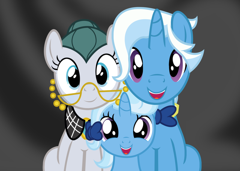 Size: 2704x1924 | Tagged: safe, artist:badumsquish, derpibooru import, cloudy quartz, jack pot, trixie, earth pony, pony, unicorn, grannies gone wild, adoraquartz, alternate hairstyle, bow, bowtie, cute, dark background, diatrixes, family photo, father and daughter, female, filly, glasses, hair bun, implications, looking at you, male, mother and daughter, pose, show accurate, simple background, smiling, the implications are horrible, trio
