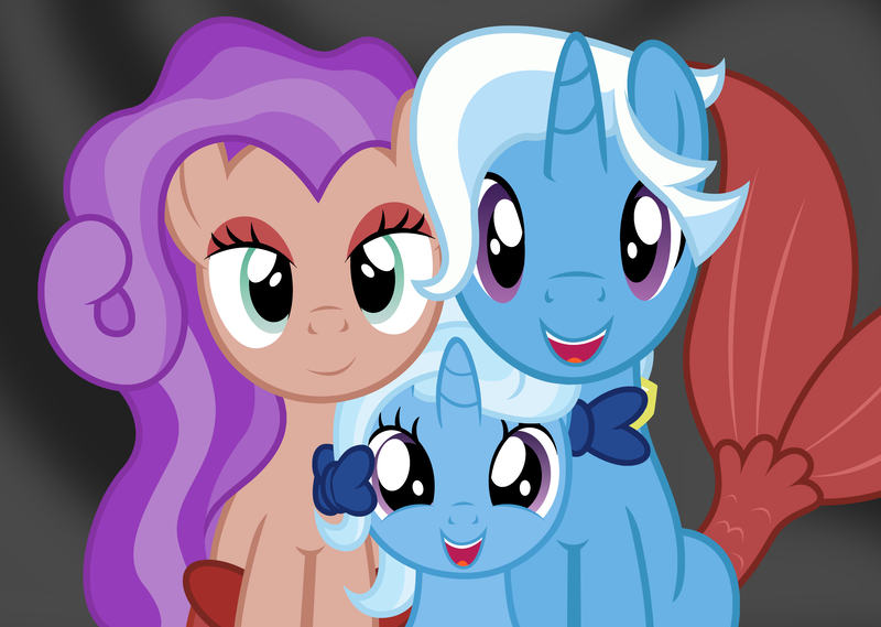 Size: 2704x1924 | Tagged: safe, artist:badumsquish, derpibooru import, jack pot, trixie, mermaid, merpony, pony, unicorn, grannies gone wild, alternate hairstyle, bow, bowtie, dark background, family photo, father and daughter, female, filly, half-pony, looking at you, male, mother and daughter, not a seapony, pose, show accurate, simple background, smiling, trio