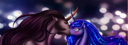 Size: 2496x888 | Tagged: artist:silverwolf866, blushing, curved horn, derpibooru import, female, flowing mane, king sombra, kissing, lumbra, male, missing accessory, princess luna, safe, shipping, sideburns, straight, surprised, surprise kiss