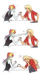 Size: 1000x1900 | Tagged: safe, artist:dcon, derpibooru import, applejack, rainbow dash, equestria girls, appledash, arm wrestling, cheating, clothes, comic, eye poke, eye scream, female, lesbian, pants, rainbow douche, shipping, shirt, simple background, white background, you're such a cheater bro