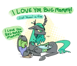 Size: 992x850 | Tagged: artist:adequality, artist:nobody, bugmom, changeling, changeling queen, clothes, derpibooru import, dialogue, female, human, kid anon, male, mommy chrissy, oc, oc:anon, pants, prone, queen chrysalis, safe, shirt, simple background, smiling, speech bubble, transparent background, wat