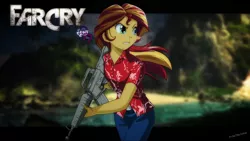 Size: 2560x1440 | Tagged: safe, artist:ngrycritic, derpibooru import, sunset shimmer, equestria girls, belt, clothes, equestria girls logo, far cry, gun, jeans, looking back, pants, plaid shirt, solo, uotapo-ish, video game, video game crossover, weapon