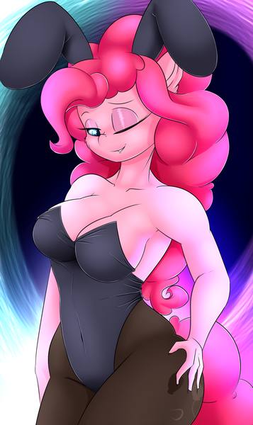 Size: 1100x1850 | Tagged: anthro, artist:madacon, breasts, bunny ears, bunny suit, clothes, derpibooru import, edit, editor:vanchees, female, hand on hip, leotard, pantyhose, pinkie pie, solo, solo female, suggestive