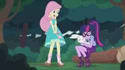 Size: 2208x1242 | Tagged: safe, derpibooru import, screencap, angel bunny, fluttershy, sci-twi, twilight sparkle, butterfly, equestria girls, equestria girls series, stressed in show, stressed in show: fluttershy, boots, clothes, dress, eyes closed, glasses, happy, log, mud, muddy, open mouth, ponytail, shoes, skirt, smiling, tree