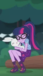 Size: 1242x2208 | Tagged: safe, derpibooru import, screencap, angel bunny, sci-twi, twilight sparkle, equestria girls, equestria girls series, stressed in show, stressed in show: fluttershy, boots, clothes, cropped, cute, eyes closed, glasses, mud, muddy, nuzzling, ponytail, shoes, skirt, twiabetes