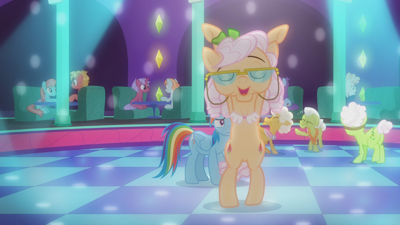 Size: 2560x1440 | Tagged: apple rose, auntie applesauce, dancing, derpibooru import, goldie delicious, grannies gone wild, granny smith, rainbow dash, safe, screencap, svengallop