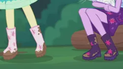 Size: 2208x1242 | Tagged: safe, derpibooru import, fluttershy, sci-twi, twilight sparkle, butterfly, equestria girls, equestria girls series, stressed in show, stressed in show: fluttershy, boots, legs, log, mud, muddy, pictures of legs, shoes