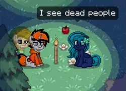 Size: 605x438 | Tagged: safe, derpibooru import, oc, oc:midnight mist, earth pony, pegasus, pony, unicorn, pony town, awkward moment, conversation, funny, i see dead people, movie reference, the haunted mansion