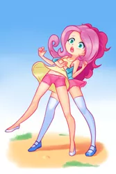 Size: 1280x1920 | Tagged: safe, artist:drantyno, derpibooru import, fluttershy, pinkie pie, human, equestria girls, assisted exposure, boyshorts, clothes, cute, dress, duo, embarrassed, embarrassed underwear exposure, flats, frilly underwear, hape, hug, hug from behind, human coloration, humanized, humiliation, light skin, mary janes, miniskirt, open mouth, panties, pink underwear, ribbon, shoes, shorts, skirt, skirt lift, socks, startled, thigh highs, underwear, upskirt, zettai ryouiki