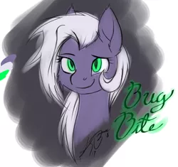 Size: 900x847 | Tagged: safe, artist:ravvij, derpibooru import, oc, oc:bug bite, bat, bat pony, cute, eye, eyes, female, fluffy, gray, green, insanity, mane, mare, purple, solo, white