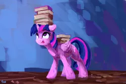 Size: 1828x1220 | Tagged: safe, artist:thefloatingtree, derpibooru import, twilight sparkle, twilight sparkle (alicorn), alicorn, pony, adorkable, balancing, book, bookhorse, cute, dork, female, mare, solo, that pony sure does love books, tongue out, twiabetes