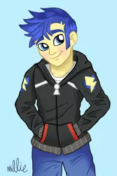 Size: 800x1200 | Tagged: safe, artist:millie dubois, derpibooru import, flash sentry, equestria girls, equestria girls series, alternate hairstyle, blushing, clothes, cute, diasentres, hands in pockets, hoodie, looking at you, male
