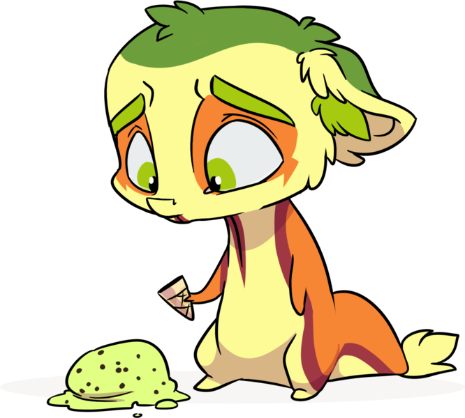 Size: 1678x1511 | Tagged: artist:kez, chibi, derpibooru import, dropped ice cream, food, hoof hold, ice cream, ice cream cone, monster pony, oc, oc:non toxic, original species, sad, safe, silly, simple background, solo, tatzlpony, transparent background, unofficial characters only