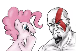 Size: 900x600 | Tagged: artist:neroscottkennedy, crossover, derpibooru import, god of war, grin, human, kratos, looking at each other, pinkie pie, safe, simple background, smiling, unamused, white background