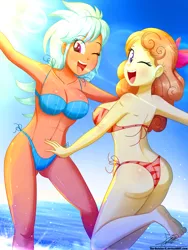 Size: 1320x1760 | Tagged: suggestive, artist:the-butch-x, derpibooru import, frosty orange, orange sherbette, equestria girls, armpits, ass, barefoot, beach, big breasts, bikini, bikini babe, blue swimsuit, bow, breasts, busty frosty orange, busty orange sherbette, butt, cleavage, clothes, cute, duo, duo female, erect nipples, feet, female, hair bow, legs, looking at you, ocean, one eye closed, open mouth, orange sherbutte, orange swimsuit, sexy, side-tie bikini, smiling, splashing, string bikini, striped swimsuit, stupid sexy frosty orange, stupid sexy orange sherbette, swimsuit, thong swimsuit, underass, water, wink