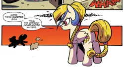 Size: 985x536 | Tagged: safe, artist:andypriceart, derpibooru import, idw, golden feather, princess celestia, pegasus, pony, spoiler:comic, spoiler:comic65, braid, braided tail, cropped, disguise, female, mare, official comic, speech bubble, upset