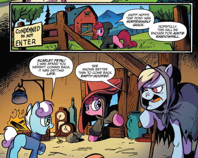 Size: 1023x815 | Tagged: safe, artist:andypriceart, derpibooru import, idw, auntie shadowfall, scarlet petal, winter comet, earth pony, pony, spoiler:comic, spoiler:comic65, brother and sister, cane, cloak, clothes, colt, comic, cropped, female, filly, foal, hoodie, male, mare, official comic, speech bubble, sweater