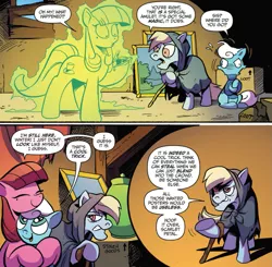 Size: 1053x1031 | Tagged: safe, artist:andypriceart, derpibooru import, idw, auntie shadowfall, scarlet petal, winter comet, earth pony, pony, spoiler:comic, spoiler:comic65, brother and sister, cane, cloak, clothes, colt, comic, cropped, female, filly, male, mare, official comic, speech bubble, sweater, transformation, transformed