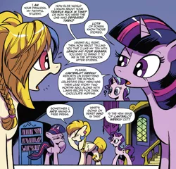 Size: 1050x1008 | Tagged: safe, artist:andypriceart, derpibooru import, idw, golden feather, princess celestia, starlight glimmer, twilight sparkle, twilight sparkle (alicorn), alicorn, pegasus, pony, unicorn, spoiler:comic, spoiler:comic65, braid, braided tail, comic, cropped, female, hoof on chin, mare, narrowed eyes, official comic, question mark, speech bubble, suspicious, transformed