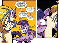 Size: 1021x745 | Tagged: dead source, safe, artist:andypriceart, derpibooru import, idw, golden feather, princess celestia, twilight sparkle, twilight sparkle (alicorn), alicorn, pony, spoiler:comic, spoiler:comic65, blushing, braid, comic, cropped, duo, ear piercing, earring, embarrassed, eyes closed, faic, female, jewelry, mare, noodle incident, official comic, piercing, speech bubble, transformed, whispering