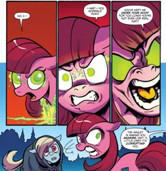 Size: 1075x1106 | Tagged: safe, artist:andypriceart, derpibooru import, idw, auntie shadowfall, scarlet petal, earth pony, pony, spoiler:comic, spoiler:comic65, angry, cloak, clothes, comic, cropped, female, glowing eyes, implied princess celestia, mare, nightmare fuel, official comic, offscreen character, scary, speech bubble