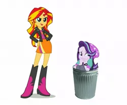 Size: 1275x1050 | Tagged: safe, derpibooru import, starlight glimmer, sunset shimmer, equestria girls, abuse, beanie, boots, downvote bait, drama, glimmerbuse, hat, high heel boots, out of character, sad, scaredy glimmer, shoes, simple background, starlight drama, trash can, white background