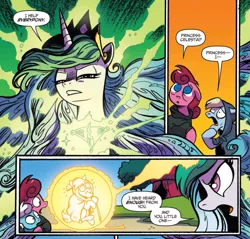 Size: 925x883 | Tagged: safe, artist:andypriceart, derpibooru import, idw, auntie shadowfall, princess celestia, scarlet petal, winter comet, pony, spoiler:comic, spoiler:comic65, andy you magnificent bastard, brother and sister, celestia is not amused, colt, comic, cropped, crowning moment of awesome, female, filly, magic bubble, majestic, male, mare, now you fucked up, official comic, sick of your shit, speech bubble, unamused, you're in trouble