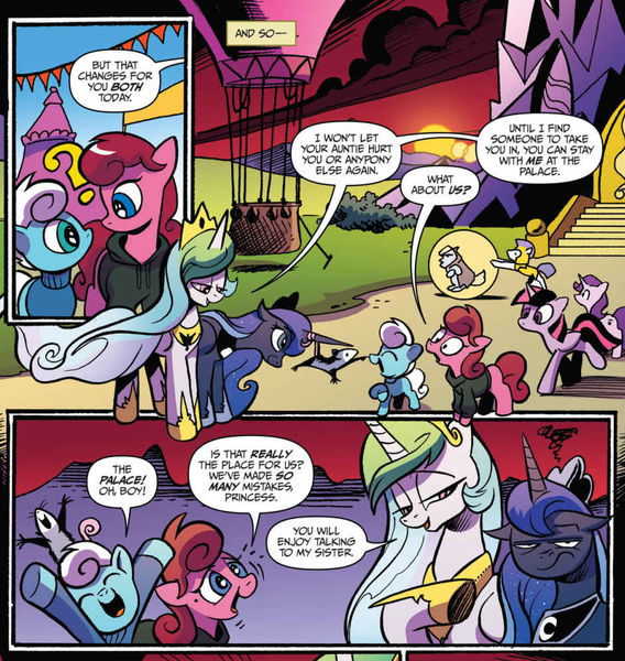 Size: 943x997 | Tagged: safe, artist:andypriceart, derpibooru import, idw, auntie shadowfall, princess celestia, princess luna, scarlet petal, starlight glimmer, tiberius, twilight sparkle, twilight sparkle (alicorn), winter comet, alicorn, pony, spoiler:comic, spoiler:comic65, adopted offspring, adoption, annoyed, auntie luna, boop, brother and sister, colt, comic, cropped, faic, female, filly, foal, hot air balloon, luna is not amused, magic bubble, male, mare, momlestia fuel, official comic, royal guard, royal sisters, speech bubble