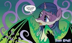 Size: 1043x628 | Tagged: safe, artist:brendahickey, derpibooru import, idw, pony of shadows, stygian, pony, unicorn, legends of magic, spoiler:comic, spoiler:comiclomannual, alternate hairstyle, alternate universe, long hair, male, official comic, plot twist, ponytail, speech bubble, stallion, the end