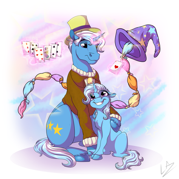 Size: 4500x4500 | Tagged: safe, artist:lupiarts, derpibooru import, jack pot, trixie, pony, unicorn, grannies gone wild, absurd resolution, clothes, cute, diatrixes, father and daughter, female, filly, glowing horn, hat, hug, levitation, magic, male, playing card, scarves, signature, sitting, smiling, telekinesis, top hat, trixie's hat, unshorn fetlocks