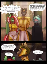 Size: 1000x1360 | Tagged: safe, artist:darkestmbongo, derpibooru import, oc, unnamed oc, unofficial characters only, anthro, earth pony, unicorn, ask ddthemaid, comic:ddthemaid memories, arm hooves, armor, breasts, clothes, comic, dialogue, female, grammar error, hallway, male, pillar, unconvincing armor