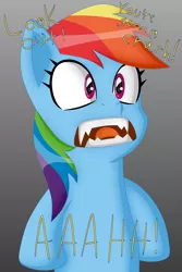 Size: 3495x5243 | Tagged: artist:sergeant16bit, crossover, derpibooru import, dreamcast, face, gradient background, rainbow dash, reference, safe, sharp teeth, solo, sonic adventure, sonic the hedgehog (series), speech, teeth, text