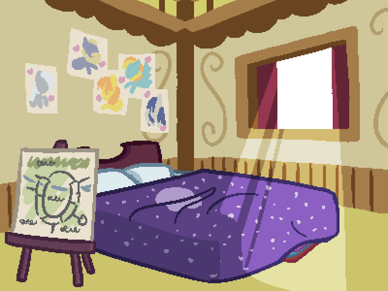 Size: 800x600 | Tagged: safe, artist:rangelost, derpibooru import, cyoa:d20 pony, bed, bedroom, colored, cyoa, description is relevant, drawing, eisel, heart, map, no pony, pillow, pixel art, poster, sheet, story included, window