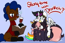 Size: 1024x686 | Tagged: safe, artist:silverknight27, derpibooru import, oc, oc:keychi, oc:lightning bliss, oc:silver rose, unofficial characters only, alicorn, earth pony, pegasus, pony, alcohol, book, clothes, female, glass, hoof hold, male, mare, rainbow tail, stallion, sweater, wine, wine glass