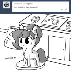 Size: 495x495 | Tagged: safe, artist:tjpones, derpibooru import, oc, oc:brownie bun, unofficial characters only, earth pony, pony, horse wife, animated, ask, bread, chest fluff, comic, counter, cupboard, ear fluff, female, food, gif, grayscale, horse tech, jelly, knife, mare, monochrome, platform, potato, sack, simple background, slice of life, smiling, speen, spinning, taters, tumblr, white background