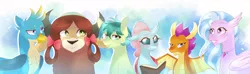 Size: 3311x976 | Tagged: safe, artist:waterz-colrxz, derpibooru import, gallus, ocellus, sandbar, silverstream, smolder, yona, changedling, changeling, classical hippogriff, dragon, earth pony, gryphon, hippogriff, pony, yak, school daze, book, digital art, dragoness, female, group, looking at you, male, student six, teenager