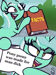 Size: 760x1015 | Tagged: suggestive, artist:quarium edits, derpibooru import, edit, editor:fang, lyra heartstrings, pony, unicorn, 2 panel comic, bipedal, book, comic, ed edd n eddy, exploitable meme, facts, female, glare, hoof hold, human fetish, implied human, lidded eyes, lyra's fact book, mare, meme, open mouth, pointing, she wants the d, smiling, smirk, solo, solo female, that pony sure does love humans, truth, twilight's fact book, vulgar, wide eyes