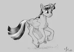 Size: 1200x850 | Tagged: safe, artist:amarynceus, deleted from derpibooru, derpibooru import, twilight sparkle, twilight sparkle (alicorn), alicorn, pony, cloven hooves, female, grayscale, mare, monochrome, simple background, sketch, smiling, solo, unshorn fetlocks