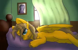 Size: 3000x1918 | Tagged: safe, artist:rivibaes, derpibooru import, oc, oc:lucidshawman, pegasus, pony, beard, bed, facial hair, pillow