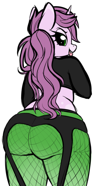 Size: 977x1919 | Tagged: suggestive, artist:mulberrytarthorse, derpibooru import, oc, oc:mulberry tart, unofficial characters only, anthro, ass, chubby, clothes, female, garter belt leggings, looking back, midriff, pants, plump, short shirt, simple background, solo, solo female, the ass was fat, tongue out, transparent background, yoga pants