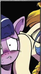 Size: 368x654 | Tagged: safe, artist:andypriceart, derpibooru import, idw, golden feather, princess celestia, twilight sparkle, twilight sparkle (alicorn), alicorn, pony, spoiler:comic, spoiler:comic65, black background, blushing, cropped, disguise, duo, embarrassed, eyes closed, female, mare, official comic, out of context, simple background, whispering, you know for kids