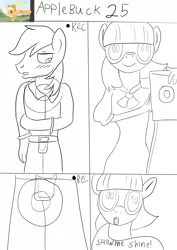 Size: 2480x3508 | Tagged: anthro, artist:jbond, big macintosh, clothes, comic, comic:applebuck, derpibooru import, lineart, photo finish, sketch, suggestive, text