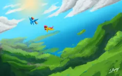 Size: 1200x750 | Tagged: safe, artist:lollipony, derpibooru import, fluttershy, rainbow dash, pegasus, pony, cloud, duo, duo female, female, flying, mare, scenery, sky, spread wings, sun, tree, vertigo, wings