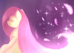 Size: 1515x1101 | Tagged: safe, artist:whiskyice, derpibooru import, fluttershy, pegasus, pony, eyes closed, feather, female, mare, solo, sparkles