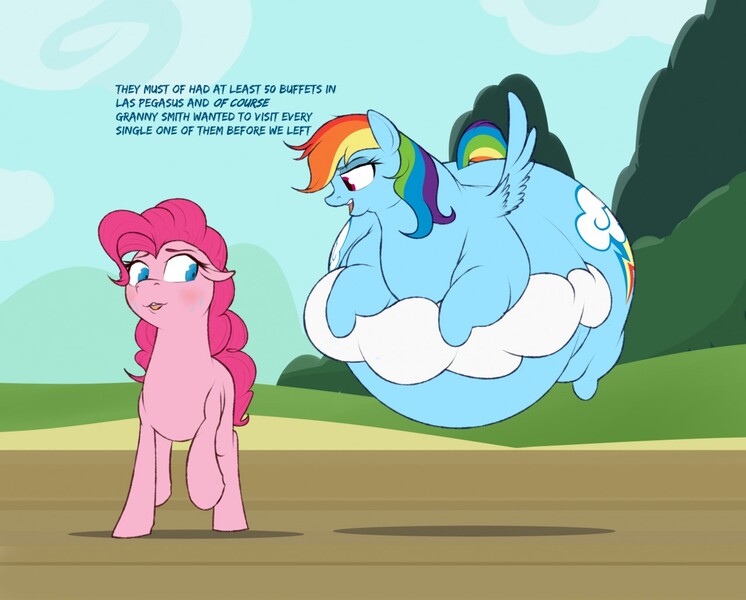 Size: 1280x1029 | Tagged: suggestive, artist:astr0zone, derpibooru import, pinkie pie, rainbow dash, earth pony, pegasus, pony, belly, big belly, bingo wings, blushing, cloud, droop, duo, fat, floating, floppy ears, flustered, grammar error, huge belly, huge butt, immobile, impossibly large belly, impossibly large butt, large belly, large butt, morbidly obese, obese, on a cloud, rainblob dash, sweat, weight gain, wide load