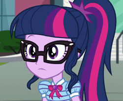 Size: 880x720 | Tagged: safe, derpibooru import, screencap, sci-twi, twilight sparkle, equestria girls, equestria girls series, text support, animated, blinking, cropped, geode of telekinesis, magical geodes, nerd, reaction image, solo