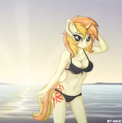 Size: 2582x2604 | Tagged: suggestive, artist:maxiclouds, derpibooru import, oc, anthro, unicorn, anthro oc, arm behind head, beach, belly button, bikini, blushing, breasts, clothes, female, fluffy, looking at you, mare, sky, solo, solo female, sun, sunset, swimsuit, tattoo, water