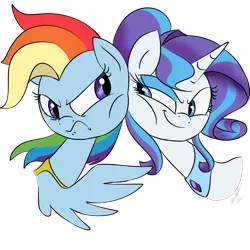 Size: 800x800 | Tagged: safe, artist:emositecc, derpibooru import, rainbow dash, rarity, pegasus, pony, unicorn, comic:sparkle, alternate universe, angry, female, frown, horn, jewelry, looking at each other, mare, necklace, rivalry, simple background, smiling, transparent background, wings